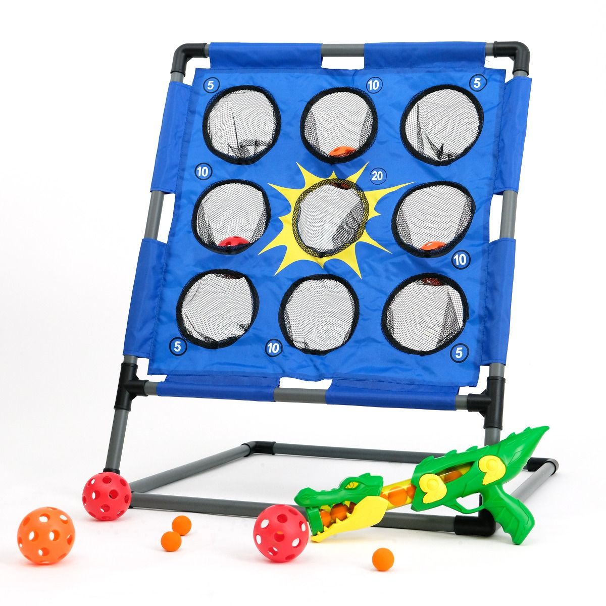 Wurfball-Spiel Set Bolimo Pro mit Softball Pistole, 2in1 Wurfspiel mit Krododil Popper, Spielzeug Pistole mit Zielscheibe | FASports